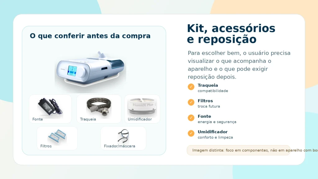 Acessórios de CPAP com traqueia, filtros, fonte, umidificador e aparelho para avaliar antes da compra