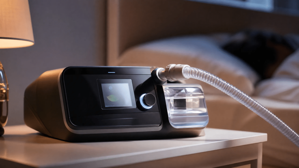 Aparelho CPAP moderno com umidificador integrado em um criado-mudo de quarto com iluminação suave