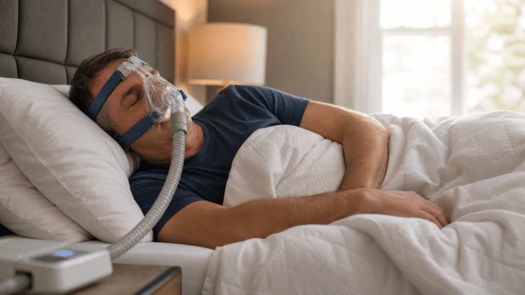 Imagem que transmite o benefício direto da terapia: um sono reparador e silencioso com o uso do equipamento correto
