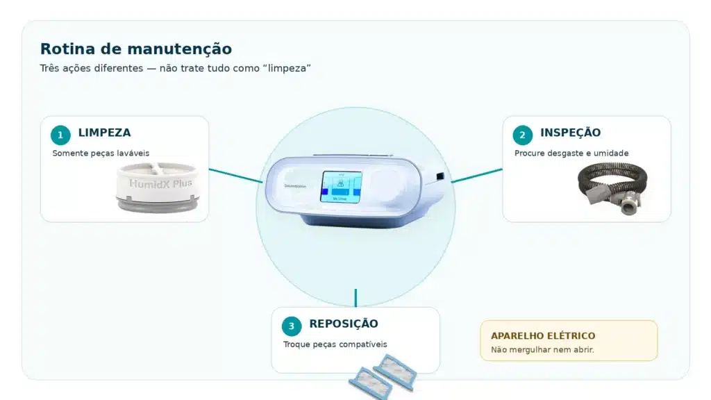 Manutenção do CPAP com aparelho, filtro, traqueia e reservatório organizados para inspeção e cuidado