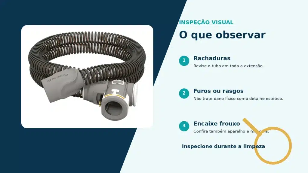 Inspeção da traqueia do CPAP para verificar rachaduras, furos, rasgos e encaixes