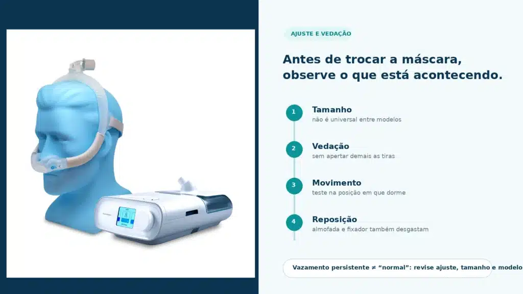 Ajuste e vedação de máscara CPAP com pontos para avaliar tamanho, tiras, movimento e reposição