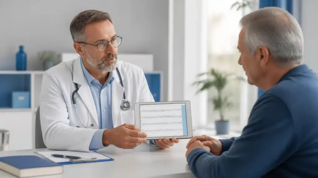 Médico explicando resultado de polissonografia a paciente em consultório