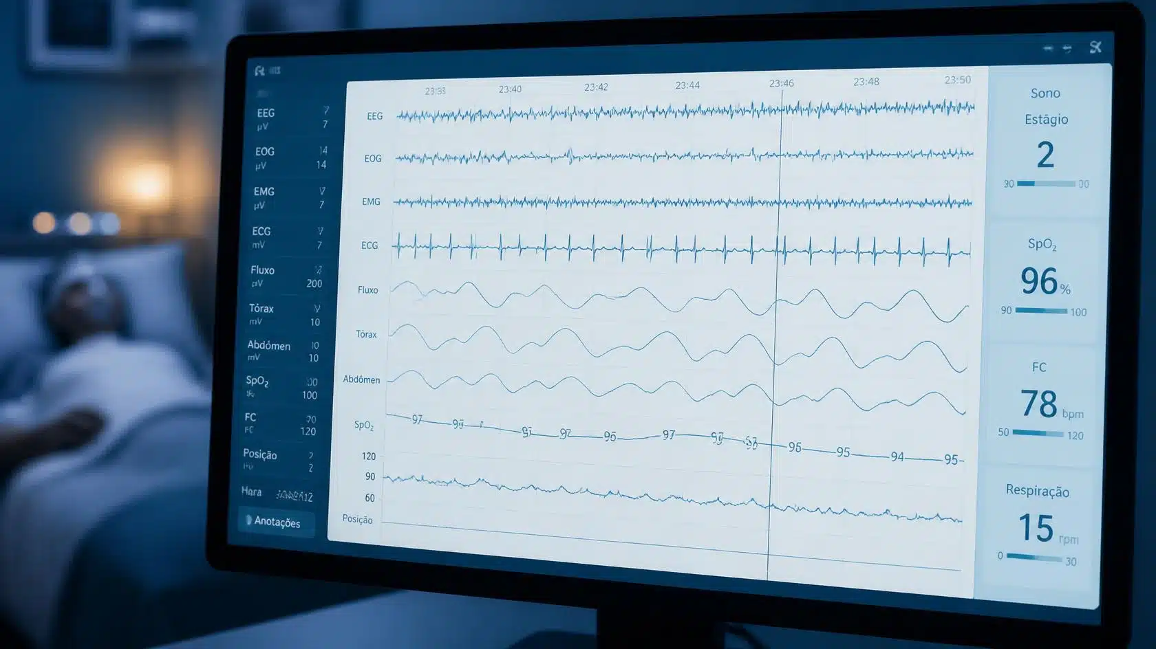 Monitor com dados de polissonografia em laboratório do sono