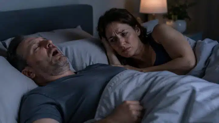 Casal em quarto durante a noite com parceiro observando ronco e pausas respiratórias durante o sono