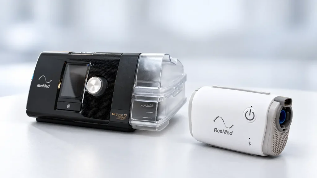Comparação visual de tamanho entre um CPAP automático residencial tradicional e um CPAP automático portátil de viagem, ilustrando as diferenças de portabilidade e design dos equipamentos