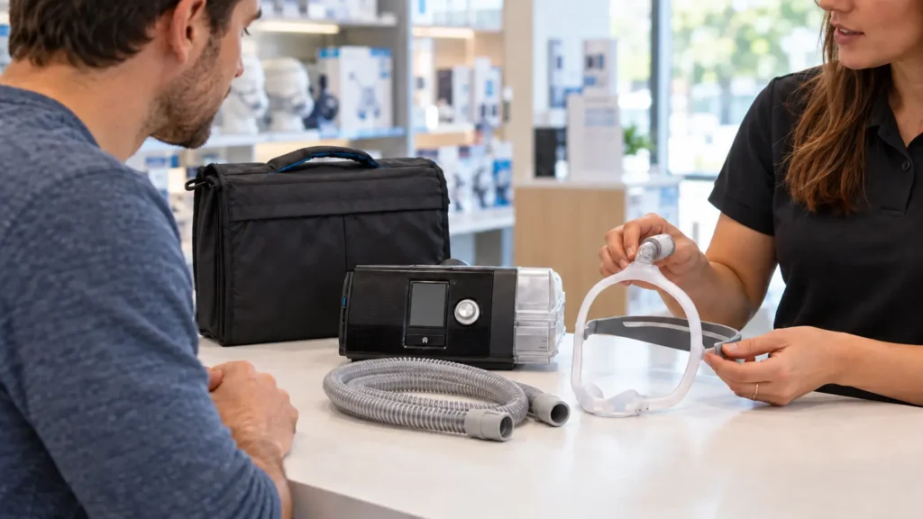 Cliente confere kit de CPAP básico com AirSense S10, máscara nasal DreamWear e traqueia na loja