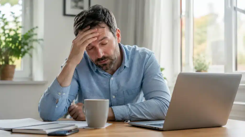 Homem cansado durante o dia com sonolência e dificuldade de concentração no trabalho
