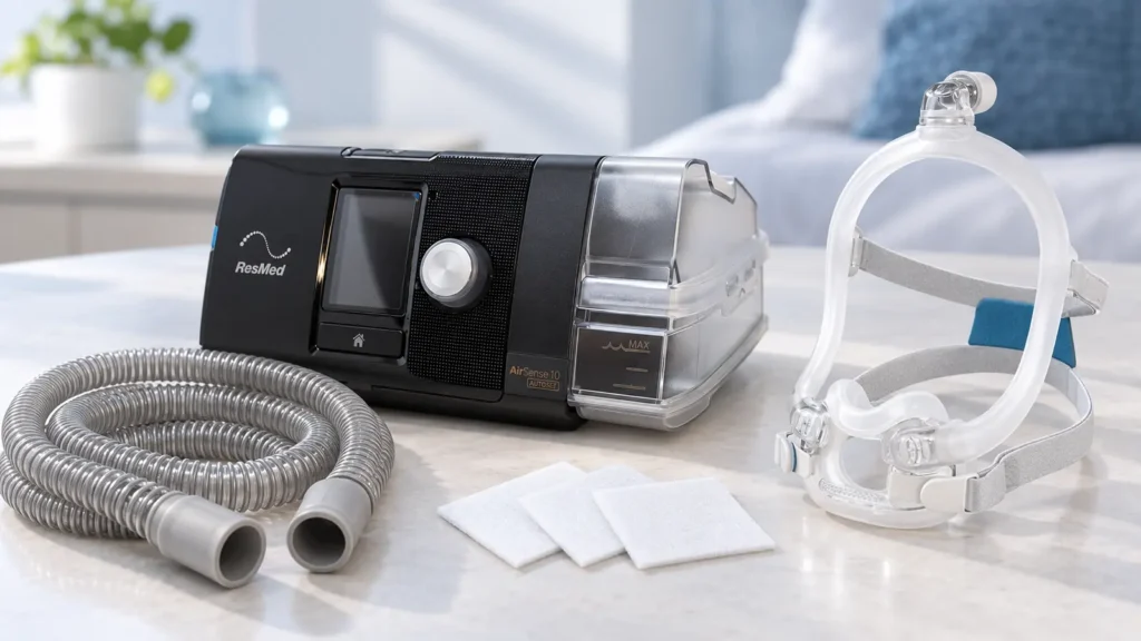 Kit completo de terapia com CPAP automático exibindo o aparelho, máscara facial, traqueia, reservatório de umidificador e filtros, demonstrando os itens essenciais para o tratamento