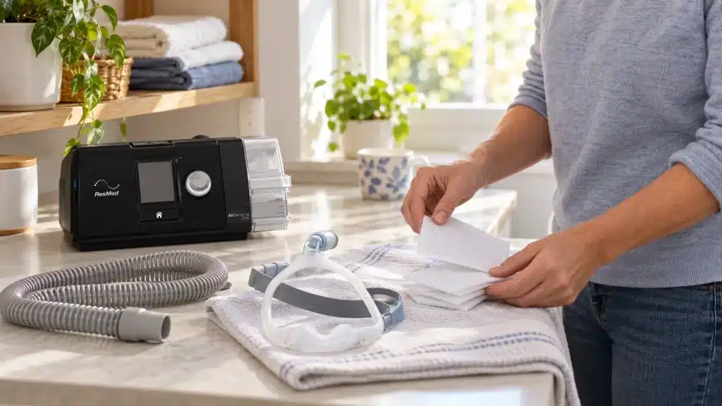  Pessoa organiza filtros de reposição, máscara nasal DreamWear e traqueia para CPAP básico