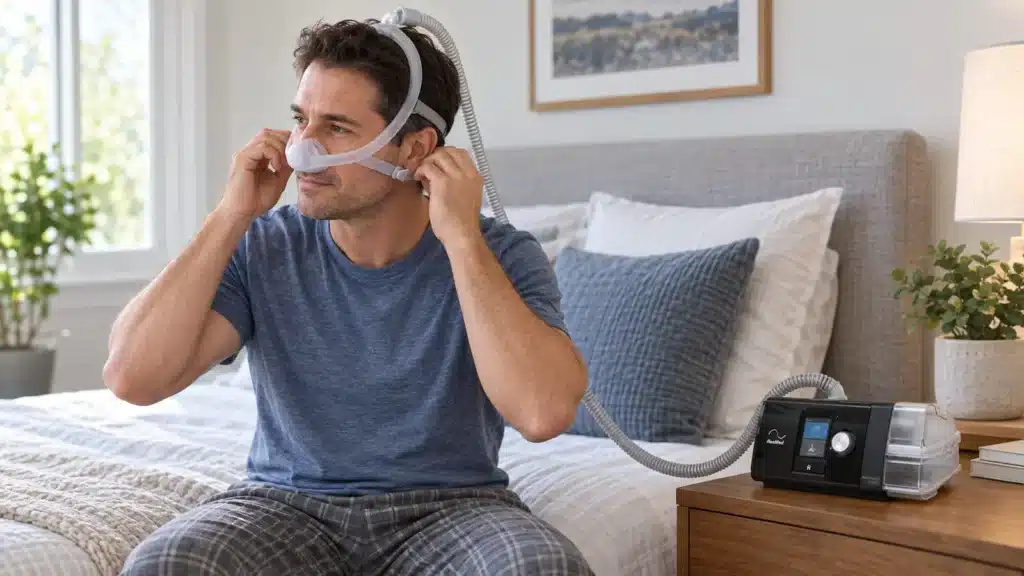 Homem ajustando a máscara nasal AirFit N30i conectada ao AirSense 10 AutoSet antes de dormir.