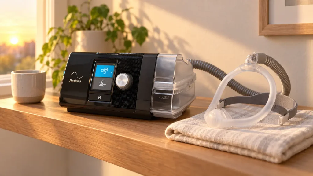 CPAP AirSense 10 AutoSet conectado à máscara nasal AirFit N30i em ambiente de descanso.