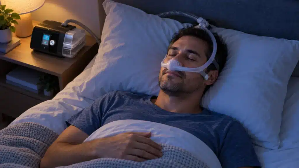 Homem dormindo com máscara AirFit N30i conectada ao CPAP AirSense 10 AutoSet.