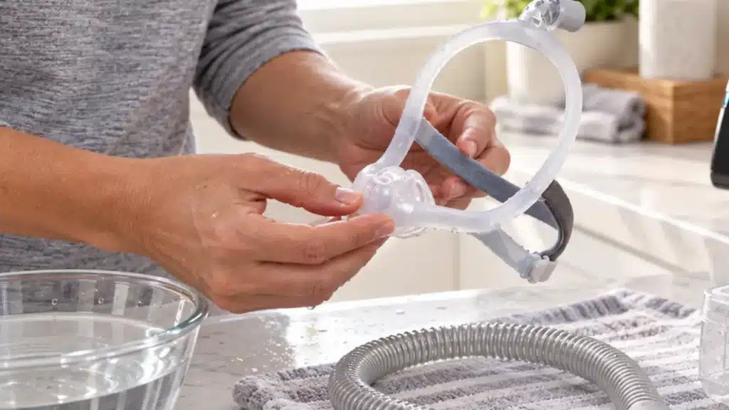  Higienização da máscara nasal AirFit N30i e da traqueia do sistema de CPAP.