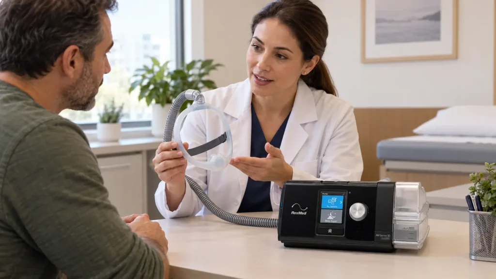 Profissional e paciente acompanhando o tratamento com CPAP ao lado do AirSense 10 AutoSet e da AirFit N30i.