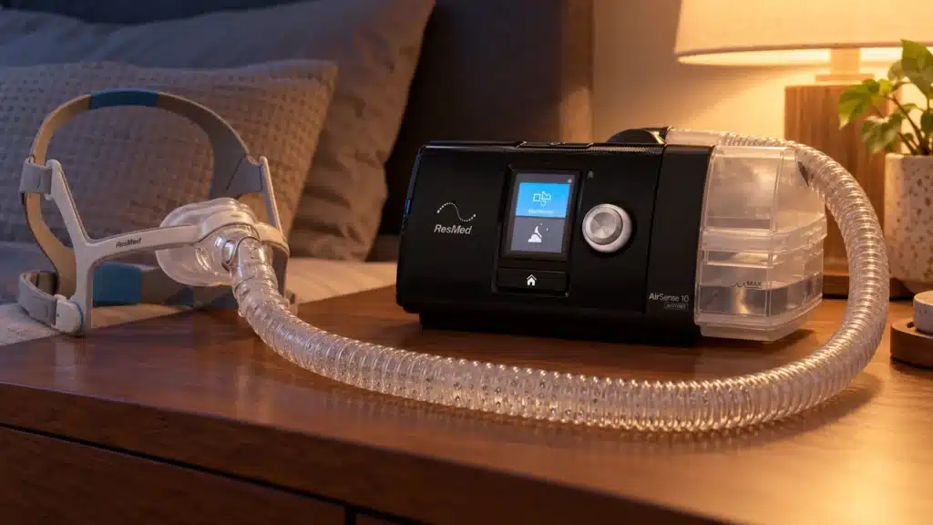 Aparelho CPAP ResMed AirSense 10 ao lado de máscara nasal e traqueia com gotículas de condensação em quarto