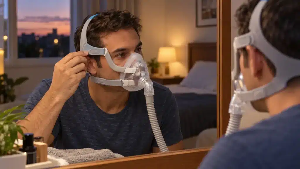  Pessoa diante do espelho ajusta suavemente a tira de uma máscara facial AirFit F20 para revisar a vedação.