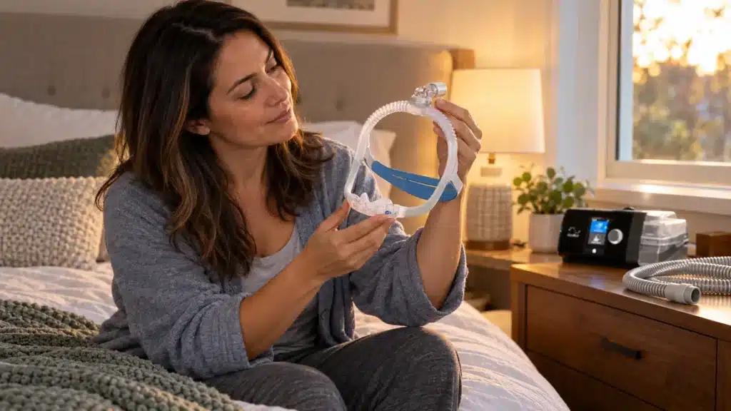 Pessoa observa a máscara nasal AirFit N30i com conexão superior, ao lado de um CPAP AirSense 10 AutoSet.