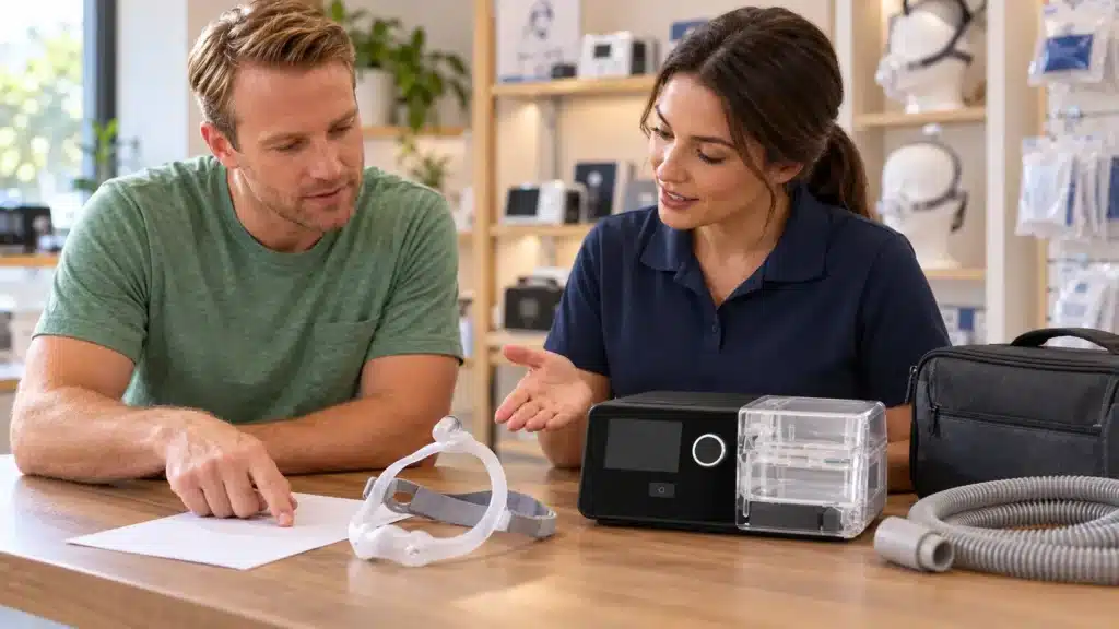 Cliente e atendente conferem um kit com CPAP BMC G3 e máscara nasal DreamWear em uma loja especializada.