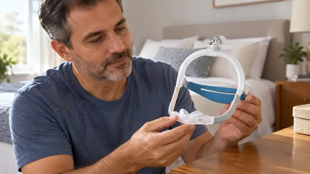 Pessoa examina a almofada e o fixador de uma máscara nasal AirFit N30i à luz do dia.