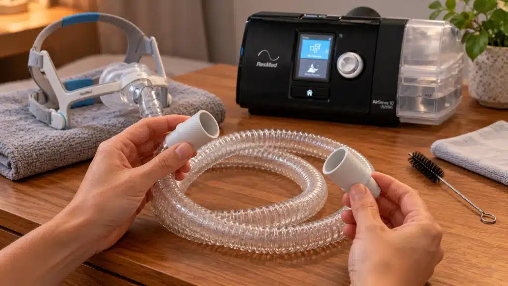 Pessoa examinando as extremidades de uma mangueira de CPAP limpa e seca antes da reconexão