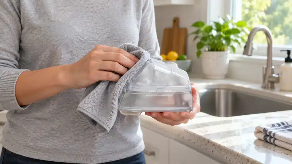 Pessoa seca cuidadosamente o reservatório removível do umidificador AirSense 10 em uma cozinha.